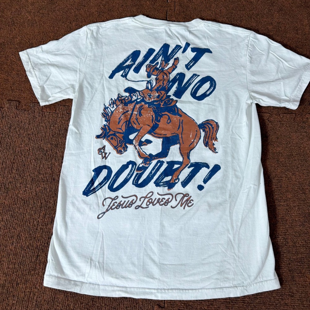 Western‎ Jesus Loves Me Graphic T-Shirt White Bronc Rider Cowboy Small A&W shirt